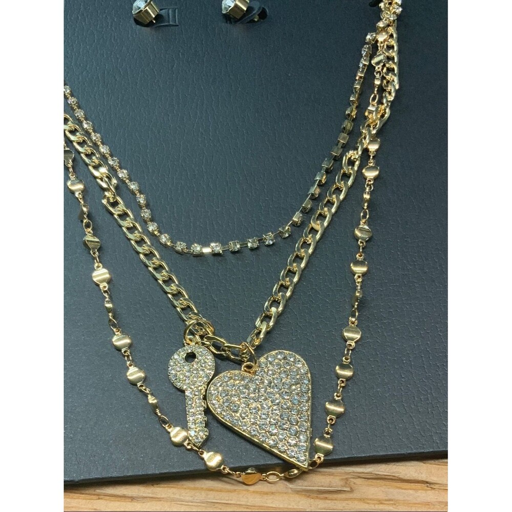 Steve Madden Gold-Tone Layered Crystal Heart & Key Necklace Set